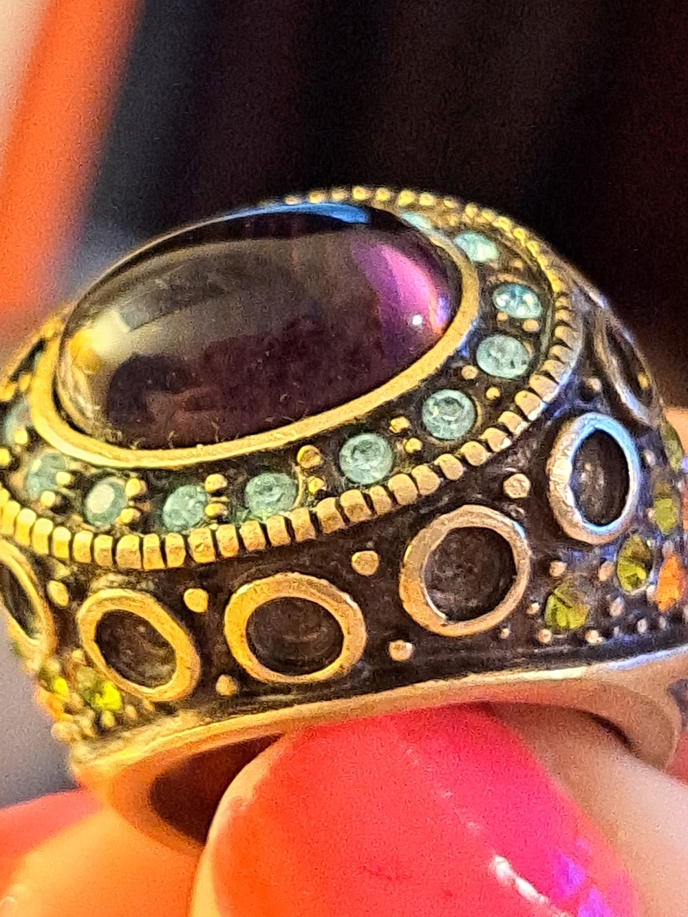Heidi Daus HSN Gold-Tone Ring with Purple Cabochon and Aqua Orange Green Accents